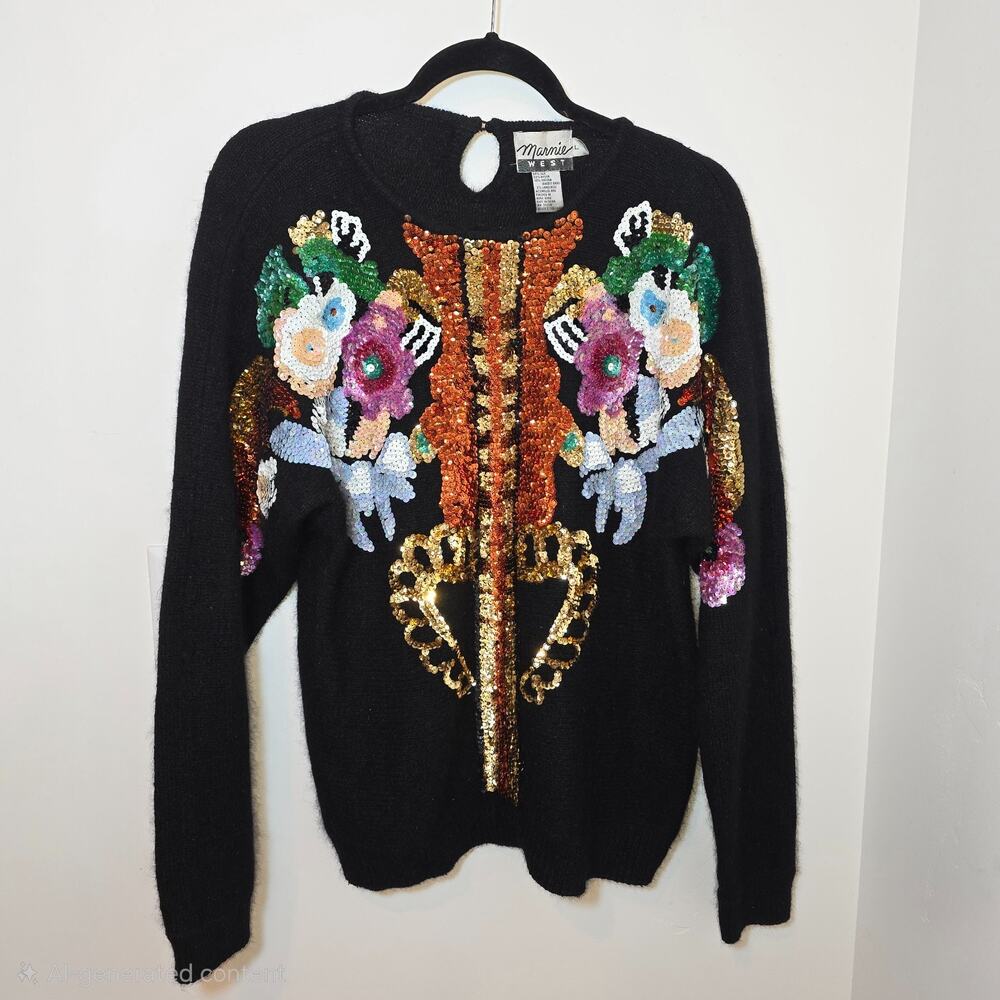 Vtg Artsy Embellished Sweater Women's Large Silk Angora Knit Black Floral Sequin